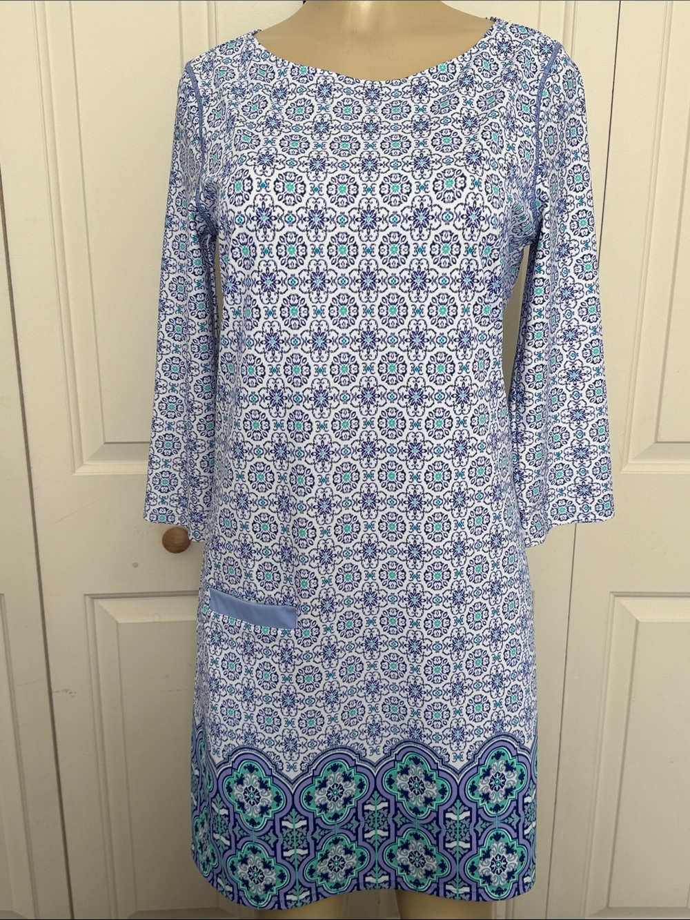 CABANA LIFE Blue & White Printed Shift Dress